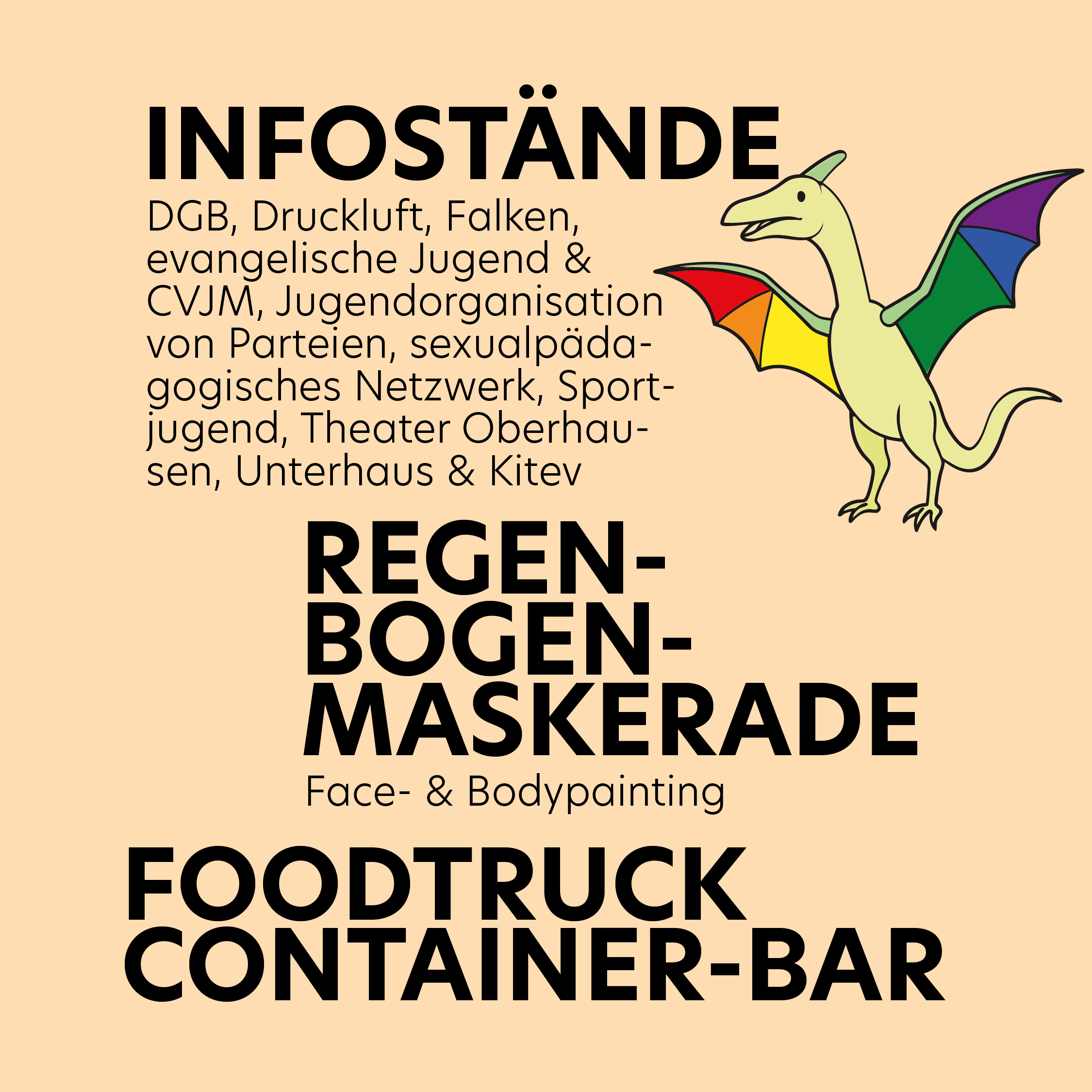 Infostände, Regenbogenmaskerade und Foodtrucks